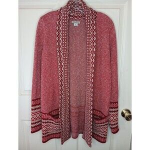 Lucky Brand Medium Red White Azteca Design Open Front Collar Long Sleeve EUC
